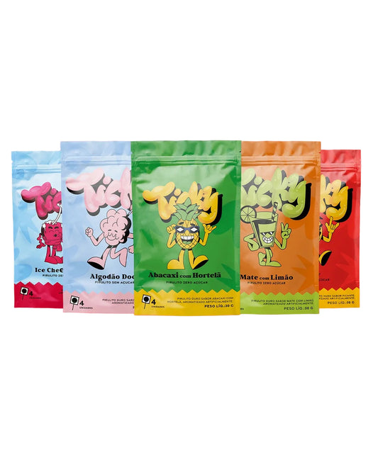 Pirulito Zero Açúcar - Mix 5 Sabores - Pack 5 Pouches (20 Unidades) - Ticky