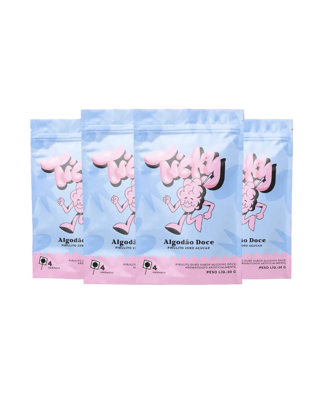 Pirulito Zero Açúcar - Algodão Doce - Pack 4 Pouches (16 Unidades) - Ticky