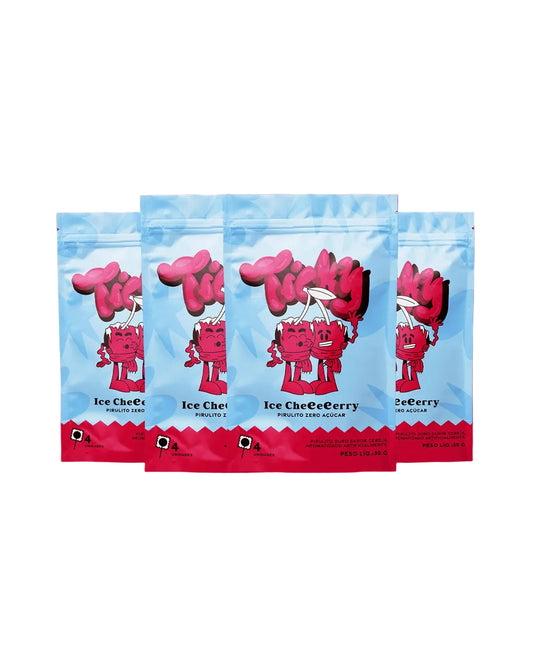 Pirulito Zero Açúcar - Ice Cherry - Pack 4 Pouches (16 Unidades) - Ticky